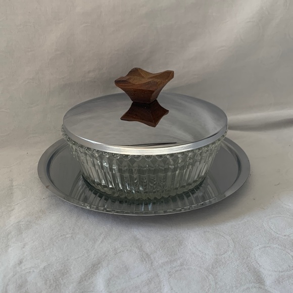 Other - 3 Piece Set Silver Tray Glass Bowl Metal & Wood Handle Retro Decor